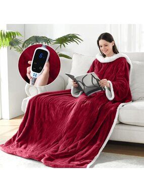 Cozy Red Wearable Electric Blanket with Foot Pocket - Perfect for Cold Nights